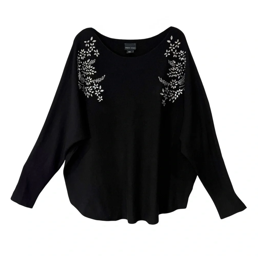 Adrienne Vittadini Sweater Knit Embellished Faux Shiny Rhinestones Black Size 2X